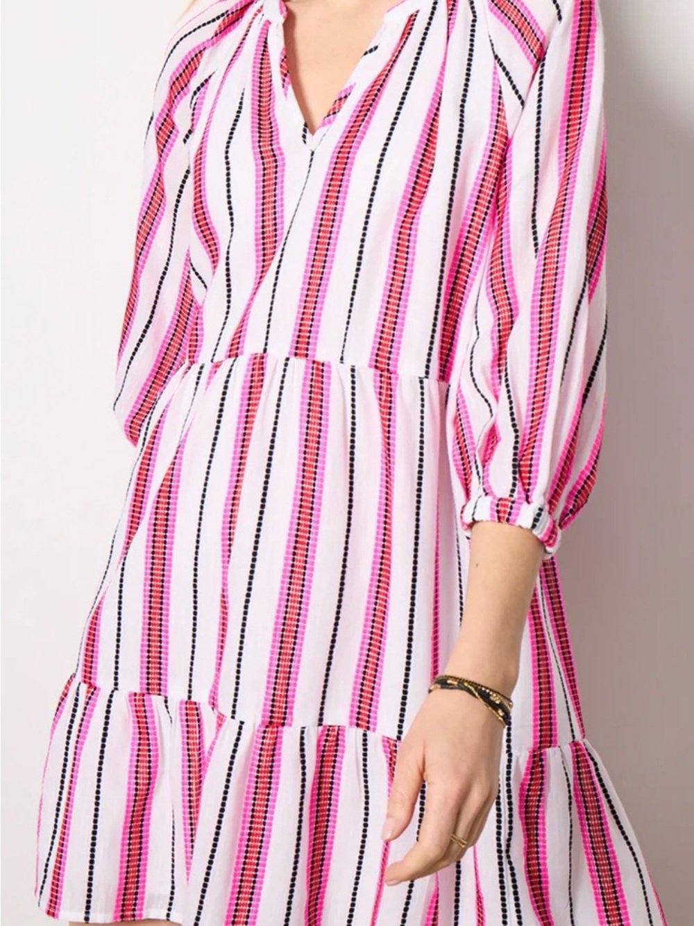Pink & White Striped Long-Sleeve Tiered V-Neck Dress by EVEREVE